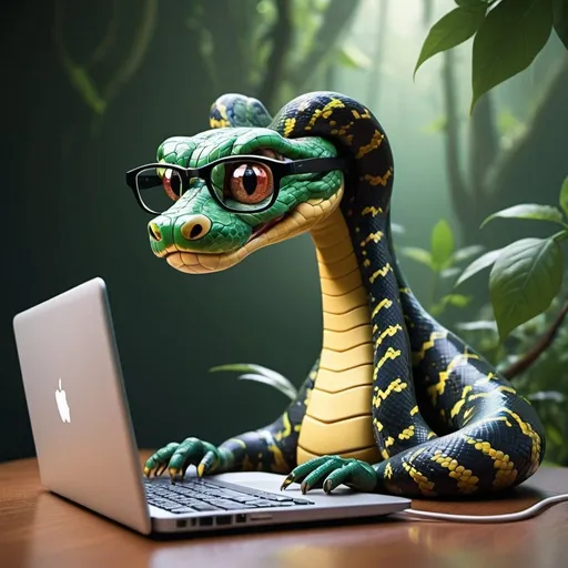 Prompt: draw a scene where a cartoon python snake, wearing nerdy glasses, is feverishly typing away on a tiny laptop. the screen of the laptop shows snippents of programming code. Nearby, a goofy-looking Google web crawler depicted as a cheerful spider with the Google logo on its back, eagerly munches on the lines of code like they're spaghetti. The background can be a fun mix of jungle and tech elements, like vines intertwined with network cables and trees with USB branches