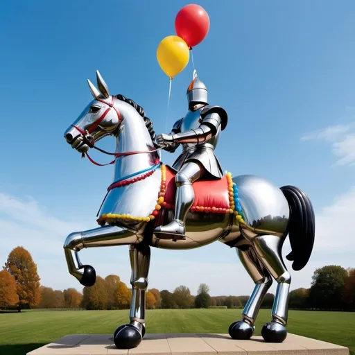 Prompt: a medieval knight riding on the back of a horse but the horse is a Jeff Koons balloon dog 