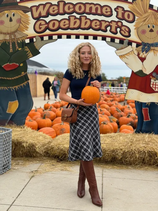Prompt: Image1 is her body details. Image2 is her exact face detail reference. Image4 is her outfit, no earrings. Create an iPhone 17 Pro 35mm f/1.78 photograph of her standing in image3. A subtle smile. Holding one of the pumpkins.