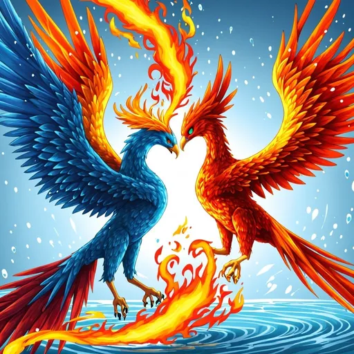 Prompt: a water and fire phoenix attaking eachother