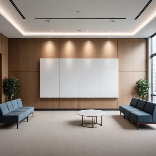 Prompt: A large blank wall space in a reception area in a high end apartment complex 
