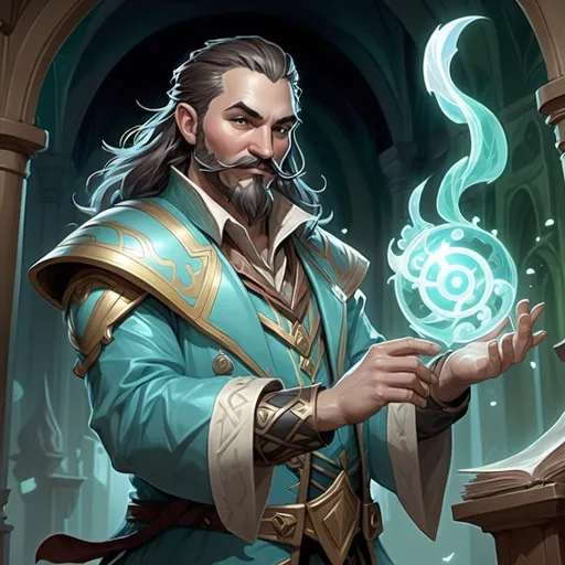 Prompt: In the Magic the Gathering Art Style of Aaron Miller. I need a Spirit that has blue green and white on it that looks like bard from League of Legends, collection etheral looking chimes