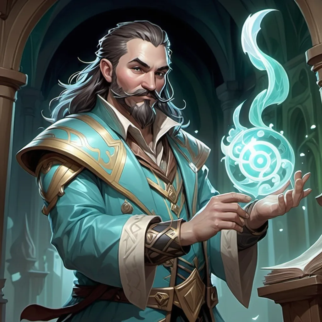 Prompt: In the Magic the Gathering Art Style of Aaron Miller. I need a Spirit that has blue green and white on it that looks like bard from League of Legends, collection etheral looking chimes