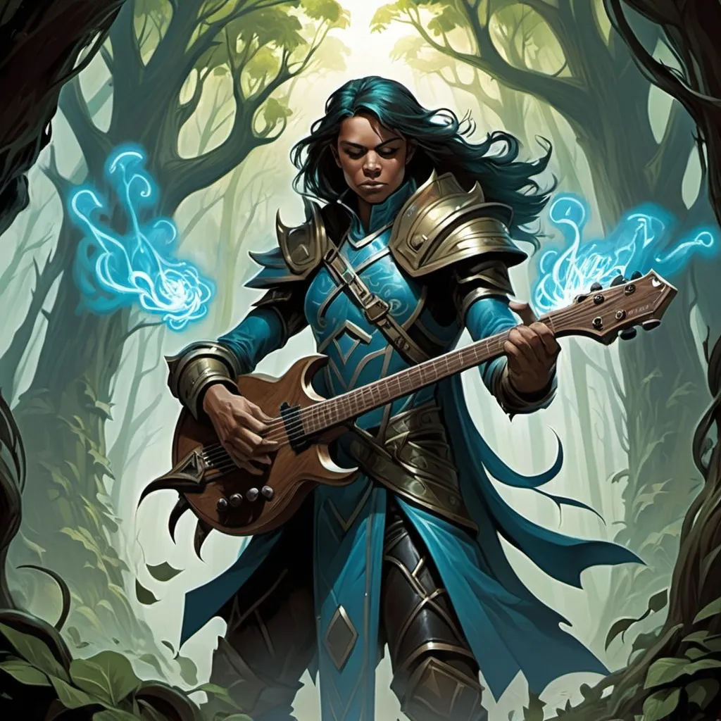 Prompt: In the Magic the Gathering Art Style of Aaron Miller. I need a magically looking art based around the musical term forte  to get loud. it should have greens and blues and look destructive