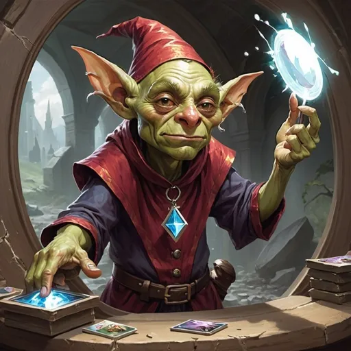 Prompt: Alpha magic the gathering art style of a goblin wizard breaking mirrors, make it funny