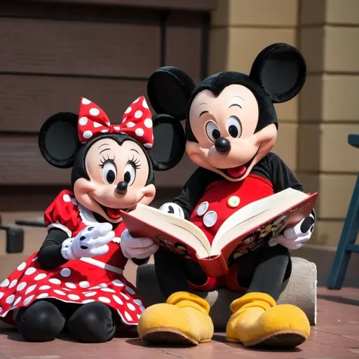 Prompt: Mickey Mouse Reading a book to Minnie Mouse 