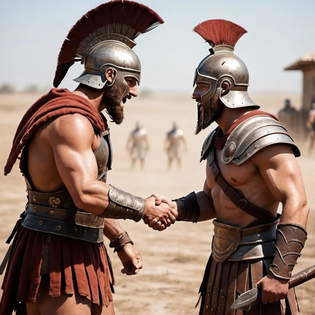 Prompt: Two gladiator shaking hands in the battlefield, one of them should be taller, the faces are not specified, gladiator should be realestic and muscular