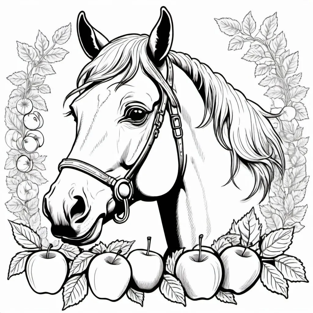 Prompt: coloring book line art style page of a side view of a happy horses head with a ring of apples and leaves around it