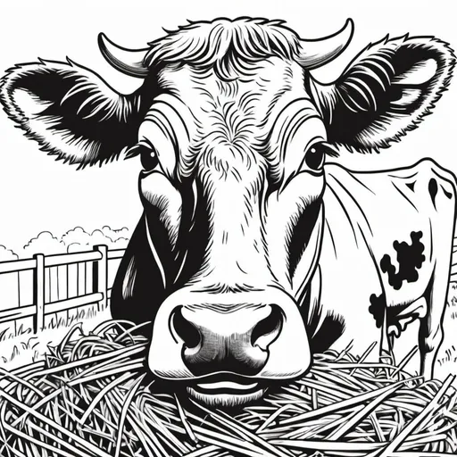 Prompt: coloring book line art style page of a happy cows head eating hay