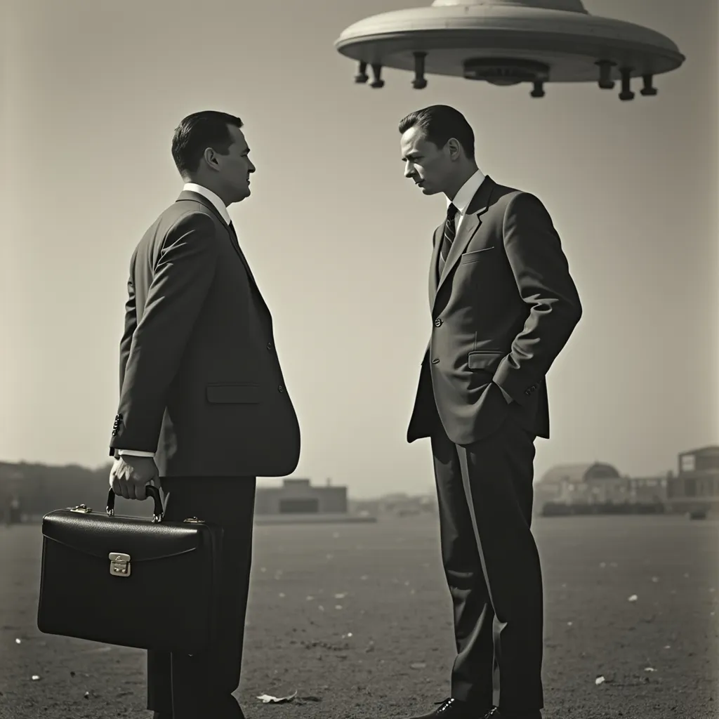 Prompt: 1950s setting man in suit with briefcase getting beamed up by a ufo