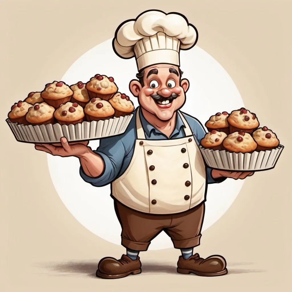 Prompt: create a vintage cartoon characterization of a baker carrying a load of muffins