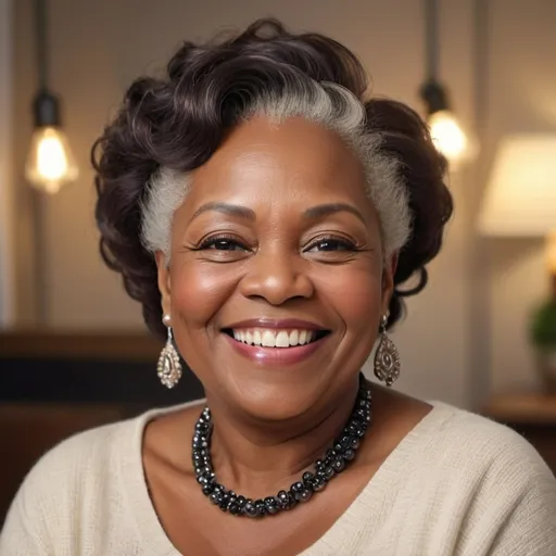 Prompt: A (black lady) in her early 60s, (plump) and radiating warmth with a (beautiful smile), expressive facial features highlighting her kindness, vibrant and joyful demeanor, styled hair, adorned with elegant accessories, softly lit background creating a heartwarming ambiance, (portrait orientation), high detail, (4K HD), inviting and cheerful atmosphere.