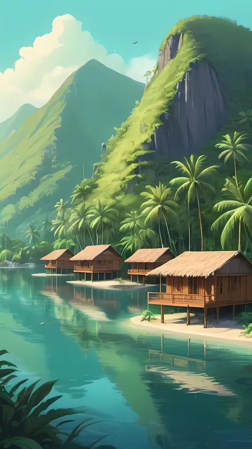 Prompt: Soothing lo-fi illustration of Resort on tropical island, huts on water, mountain backdrop, Dahlov Ipcar style, ecological art, detailed matte painting, beautiful scenery, lush greenery, tranquil water, vibrant color palette, detailed foliage, serene atmosphere, idyllic setting, high quality, detailed, matte painting, tropical, ecological art, lush colors, serene atmosphere, detailed foliage, tranquil water, resort, mountain backdrop, huts on water, Dahlov Ipcar style, beautiful scenery