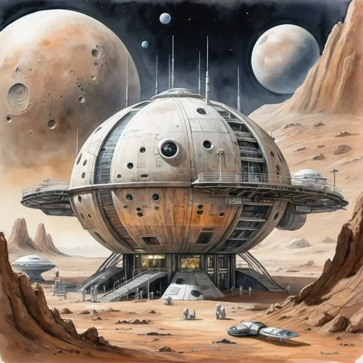 Prompt: Create an image of a futuristic colony on Phobos, one of the moons of Mars, in high detail but depicted in oil paints. The scene should include a large, multi-level structure with intricate details and including a space helipad with a landing shuttle craft, similar to a space station. highly detailed watercolor.