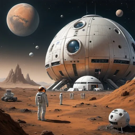 Prompt: Create an image of a futuristic colony on Phobos, one of the moons of Mars, in high detail but depicted in oil paints. The scene should include a large, multi-level structure with intricate details and including a space helipad with landing shuttle crafts, similar to a space station. An astronaut in a modern spacesuit should be in the foreground, observing the colony. Also in the near FOReGROUND A SHIBA INU DOG WEARS A SPACEsuit. The background should feature Mars itself looming large in the sky. The lighting should mimic that of a sun rising over Mars as seen from its moon.