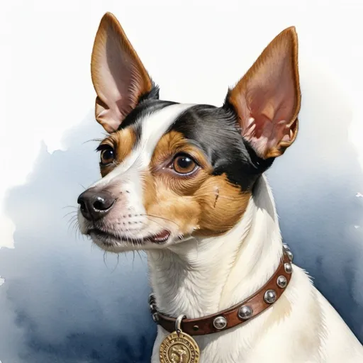 Prompt: A rat terrier in hyperrealistic water color stands alert, its body pointing to the left but looking to the right it has a medallion around its neck that says "DOGE"