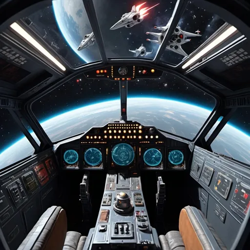 Prompt: from the inside of a starfighter cockpit, the space pilot can see the rebel cruiser up ahead. the dashboard of the cockpit is highly detailed, and the cosmic scene in front also include a swirling galaxy. high definition, star wars style