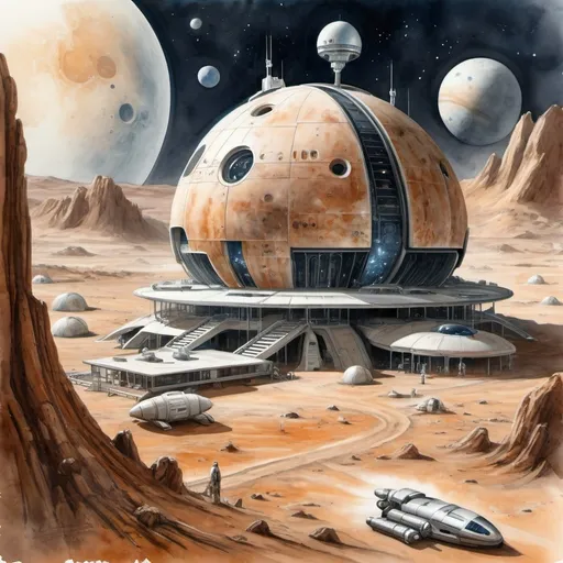 Prompt: Create an image of a futuristic colony on Phobos, one of the moons of Mars, in high detail but depicted in oil paints. The scene should include a large, multi-level structure with intricate details and including a space helipad with a landing shuttle craft, similar to a space station. highly detailed watercolor.