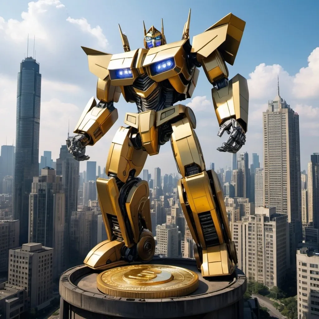 Prompt: A giant transformer style robot holding a gold coin looms large over a city