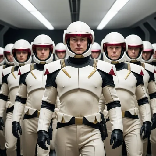 Prompt: an army of Elon Musks stand in formation all wearing identical futuristic army uniforms, except one who wears a fanciful uniform resembling a futuristic Napolean Bonaparte