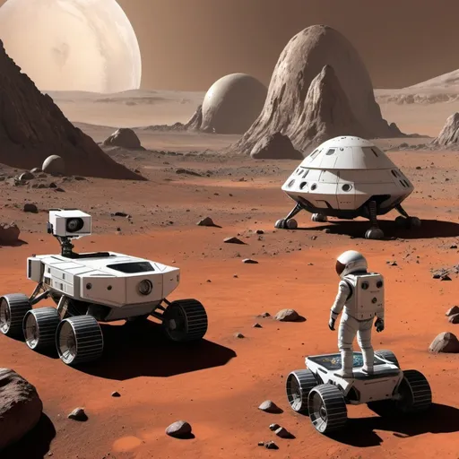 Prompt: Create an image of a colony on one of the moons of Mars. The scene should include a large, pyramid-like multi-level structure with intricate details. In the foreground, a spaceman standing next to a finely detailed mars rover vehicle checks his tablet. At the far left of the scene, a man-sized Martian creature hides behind a large rock.