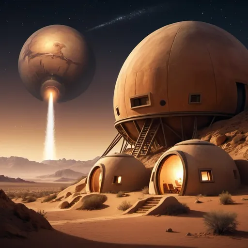 Prompt: create a picture of a desert landscape at dusk. There are two domed adobe huts on the right hand side of the frame. the light of burning fires are evident from with as the golden glow shines through the windows of the huts. On the left side of the frame is an intricately detailed alien who is looking up at the launch of a rocketship bound for mars, which is visible in the night sky.