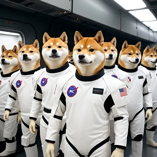 Prompt: Elon Mush reviews a phalanx of humanoid shiba inus all wearing identical "X" based uniforms in the background are rockets ready to launch

