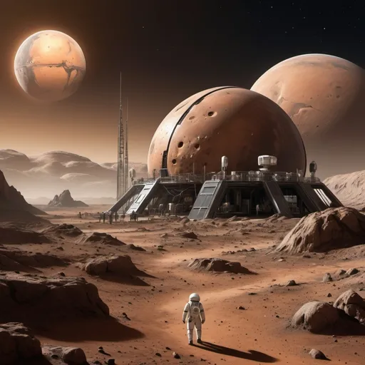 Prompt: Create an image of a futuristic colony on Phobos, one of the moons of Mars, in photorealistic high detail. The scene should include a large, multi-level structure with intricate details resembling scaffolding and construction, similar to a space station under development. There should be spacecraft hovering nearby, indicative of active transportation or logistics. The background should feature the Martian landscape visible from Phobos, with Mars itself looming large in the sky. An astronaut in a modern spacesuit should be in the foreground, observing the colony. The lighting should mimic that of a sun rising over Mars as seen from its moon.