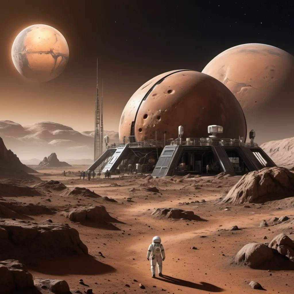 Prompt: Create an image of a futuristic colony on Phobos, one of the moons of Mars, in photorealistic high detail. The scene should include a large, multi-level structure with intricate details resembling scaffolding and construction, similar to a space station under development. There should be spacecraft hovering nearby, indicative of active transportation or logistics. The background should feature the Martian landscape visible from Phobos, with Mars itself looming large in the sky. An astronaut in a modern spacesuit should be in the foreground, observing the colony. The lighting should mimic that of a sun rising over Mars as seen from its moon.