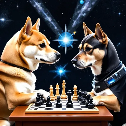 Prompt: two dogs, one a shiba inu and the other a schnauser are playing intergalactic asterism chess
