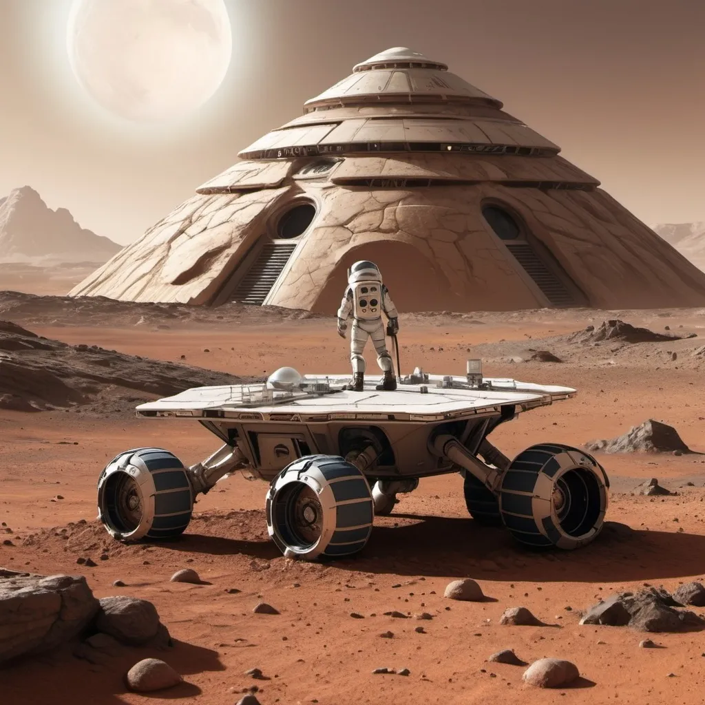 Prompt: Create an image of a colony on one of the moons of Mars. The scene should include a large, pyramid-like multi-level structure with intricate details. In the foreground, a spaceman checks his instruments while standing next to a finely detailed mars rover vehicle. At the far left of the scene, a man-sized,  gargoyle like Martian creature hides behind a large rock.