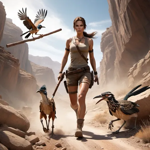 Prompt: a stunningly beautiful woman dressed like lara croft
 holds a wooden club and is running through a rocky desolate landscape. Alongside her is a roadrunner bird. both kick up dust in their wake as they race through the hot midday canyon. Photo realistic highly detailed.