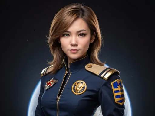 Prompt: Female spaceship captain, very attractive strong European features large brown asian eyes. Slender muscular build, ear length short light brown hair. Dark blue uniform with 4 gold stripes on epaulets and black boots. on a spaceship Manticore patch on shoulder. Full body picture