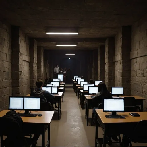 Prompt: dungeon classroom with distant tables with students and computers with no natural light