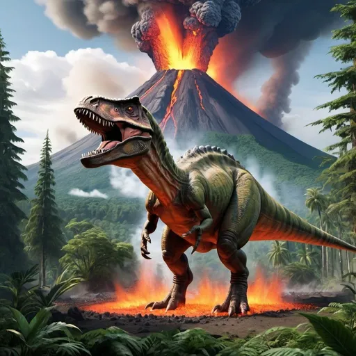 Prompt: a dinosaur with a erupting volcano in the back round and a forest 