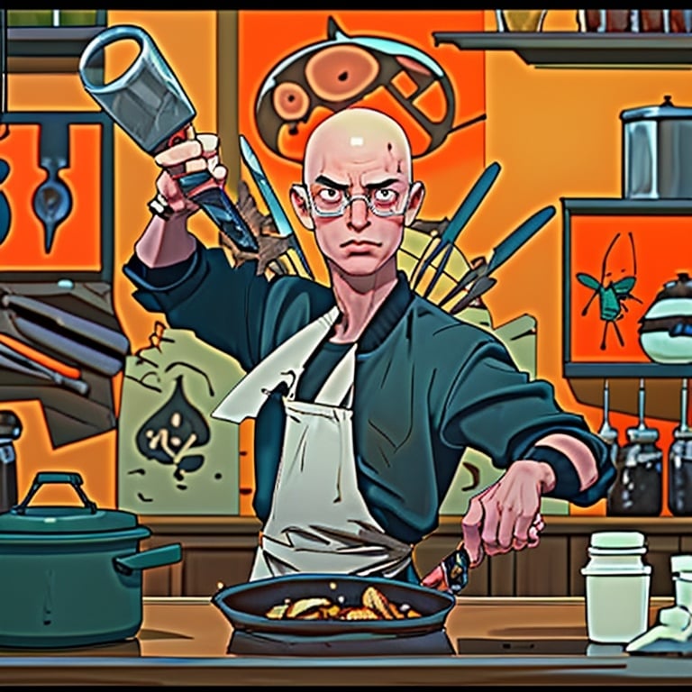 Prompt: bald man in corrective eyewear, standing in restaurant kitchen, in right hand has knfie, in left hand has knife, everywhere are bugs