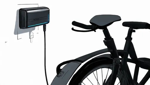 Prompt: Create a pencil sketch, glossy outline-style image showcasing a portable charger and the rear part of a bike. Position the charger in the top left corner, mounted on the wall, with its cable extending downward. Use a color palette emphasizing dark, sleek tones with metallic blue highlights to create a modern and sophisticated appearance.