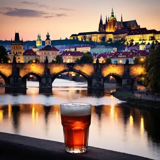 Prompt: I want to create a wonderful image of my best experience in Prague yesterday which was having a drink at the river
