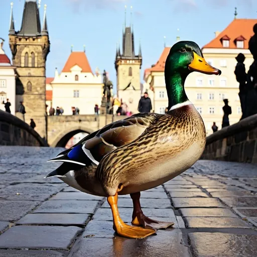 Prompt: A duck is walking on charles Bridge in prague