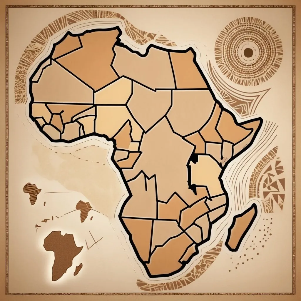 Prompt: A map of Africa half beige half tan with abstract lines and designs around it. 