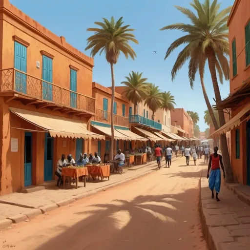 Prompt: Vibrant digital artwork of Goree Island, Senegal, warm and earthy tones, traditional Senegalese architecture, bustling marketplace, lively street scene, palm trees swaying in the breeze, sandy pathways, high quality, detailed, digital painting, traditional, warm tones, bustling atmosphere, Senegalese culture, vibrant street life, coastal vibes, lively marketplace