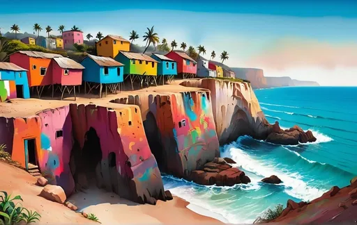 Prompt: Colorful graffiti illustration of a west African village on the edge of a coastal cliff. 