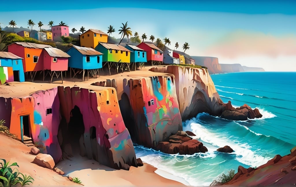 Prompt: Colorful graffiti illustration of a west African village on the edge of a coastal cliff. 