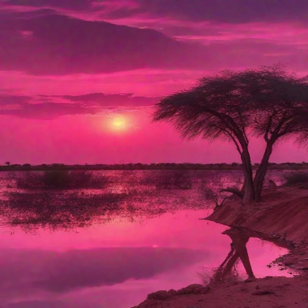 Prompt:  Dakar Senegal Pink lake with beautiful sunset