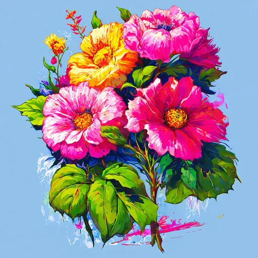 Prompt: Freshly picked flowers with large blooms, forward-facing, detailed petals, vibrant colors, high quality, t-shirt graphic, floral illustration, no background, detailed leaves and stems, professional, vibrant, high resolution, detailed, modern style, front-facing blooms, no background, t-shirt design