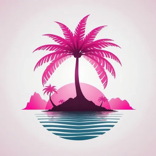 Prompt: create me a logo with one pink tropical tree on island a sun at back. remove all colors and shadows. 
