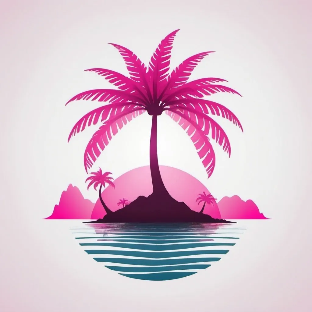 Prompt: create me a logo with one pink tropical tree on island a sun at back. remove all colors and shadows. 
