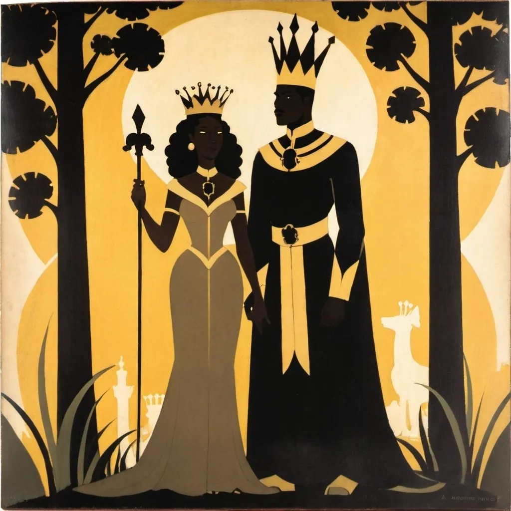 Prompt: Early Aaron Douglas painting of a black king and queen