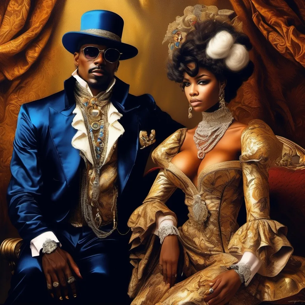 Prompt: Rococo era portrait of a black 70s pimp and a woman, oil painting, luxurious clothing