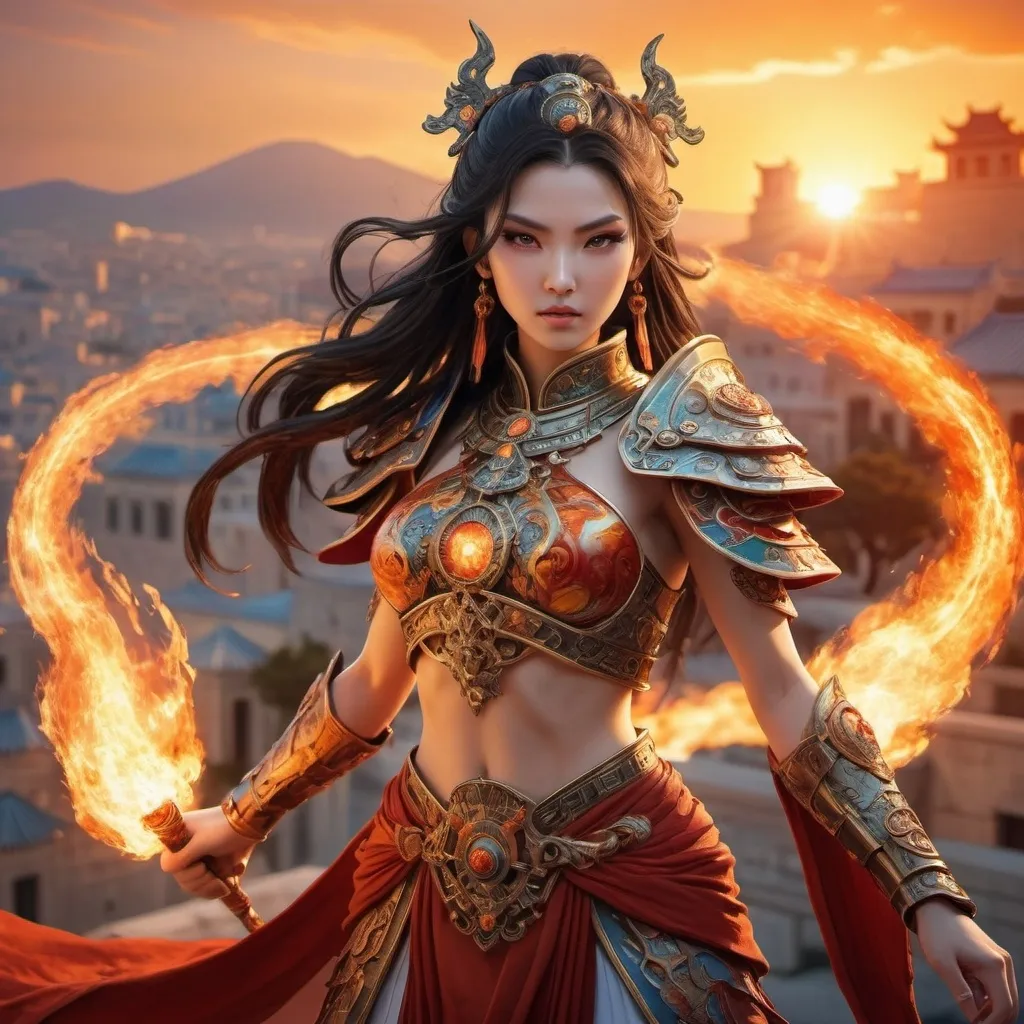 Prompt: Ancient Chinese fire sorceress as a greek general with an ancient greek city in the background in anime style